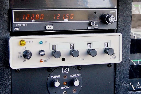  Cessna ARC RT-359A transponder and Bendix/King KY197 VHF communication radio mounted in the instrument panel of a 1970 model American Aviation AA-1 Yankee aircraft. 